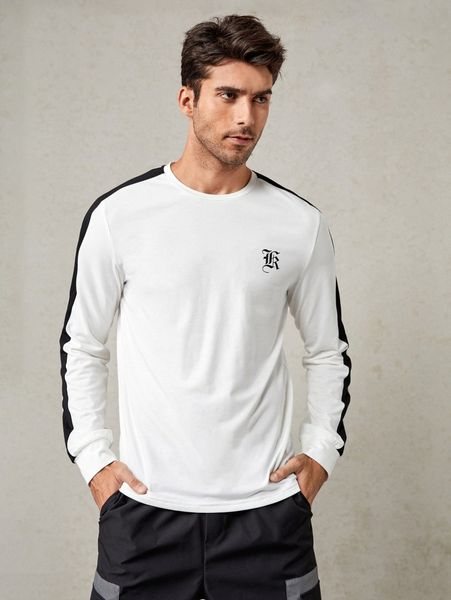 

men letter graphic contrast side seam tee r5gn#, White;black