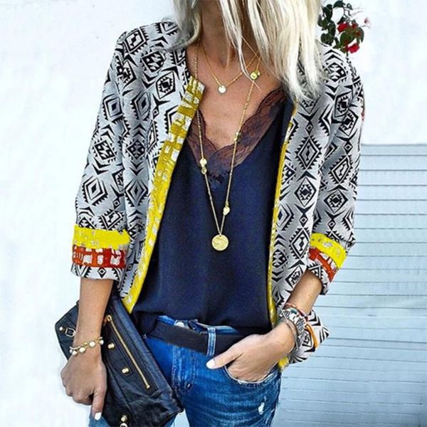 

women's jackets ladies blazer vintage print casual fashion women elegant three quarter sleeve printed zipper outwear coat, Black;brown