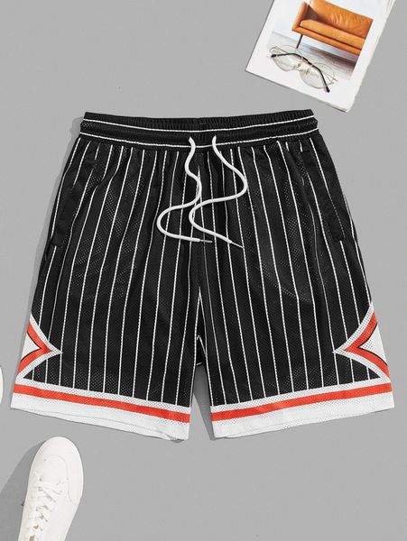 

men striped drawstring waist contrast trim shorts u5xt#, Black