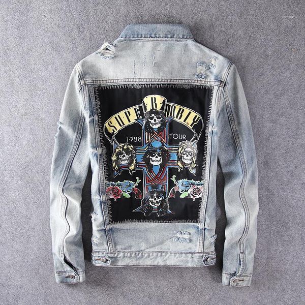 

harajuku casual rocker gnr stamp washed destroy fades vintage indigo blue denim jacket rock sweatshirt guns n roses streetwear1, Black;brown