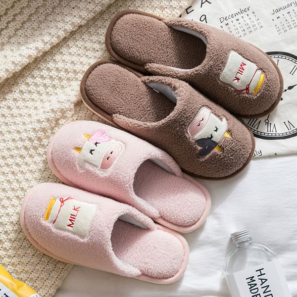 

winter new house women fur slippers cute milk cow cartoon bedroom warm plush couples shoes non-slip indoor women furry slipers, Black