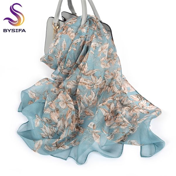 

bysifa] 100% silk chiffon scarf female brand leaves design grey khaki long beach shawls fall winter women neck scarves 201023, Blue;gray