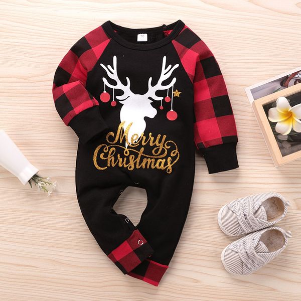 

baby girl boy romper jumpsuits merry christmas elk horn printed grid long sleeve snowman born boutique ins, Blue