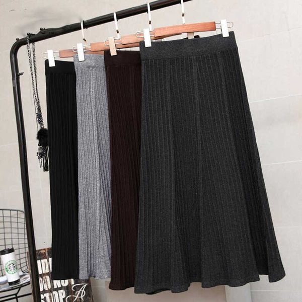 

elegant knitted pleated skirt women 2021 spring autumn korean casual a-line high waist skirt long black saia