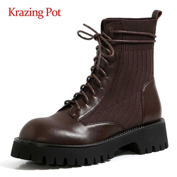 

krazing pot motorcycle boots genuine leather knitting handsome energy round toe thick med heel lace up handmade ankle boots l36, Black