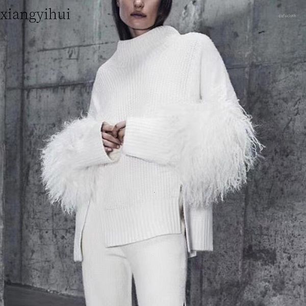 

white loose turtleneck split knitted sweaters for ladies 2021 autumn winter warm pullovers casual women female 1, White;black
