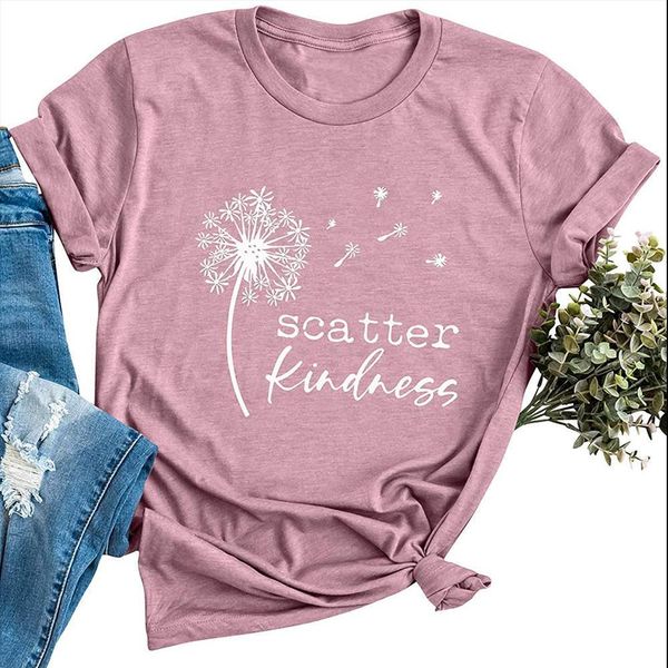 

dandelion scatter kindness printed t-shirts women summer 2021 vogue t shirt women cotton graphic tee loose o neck harajuku top, White