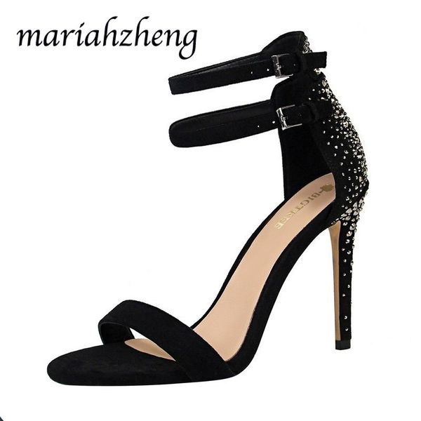 

meriahzheng 11cm summer fashion shallow mouth banquet women's shoes with stiletto heel suede rhinestone strap women sandals ds, Black