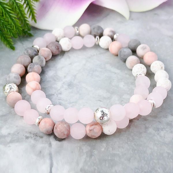 MG1078 Set di braccialetti di oli essenziali Bracciale avvolgente di energia lavica Quarzo rosa Bracciale Yoga Mala Gioielli di perline delicati di diaspro rosa