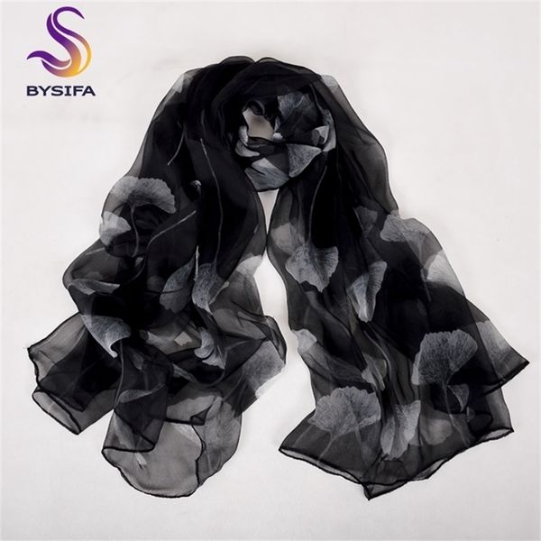 

bysifa] black white women winter new ginkgo leaf 100% long scarves spring fall brand thin satin silk scarf y201007, Blue;gray