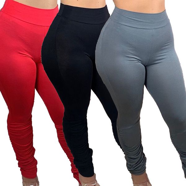 

autumn and winter fashion women's pleated slim cotton leggings, Black