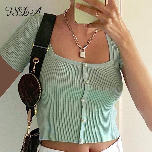 

fsda summer 2020 square neck button green short sleeve crop casual women basic t shirt blue elegant shirt1, White