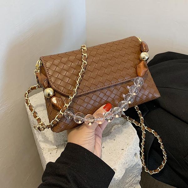 

beaded chian design pu leather weave crossbody bags for women 2020 autumn winter shoulder handbags ladies travel bag 4 colour