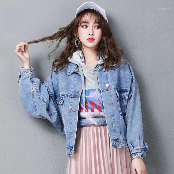 

turn-down collar jean jacket women casual loose blue denim jacket women long sleeve outwear denim coats fashionable streetwear1, Black;brown