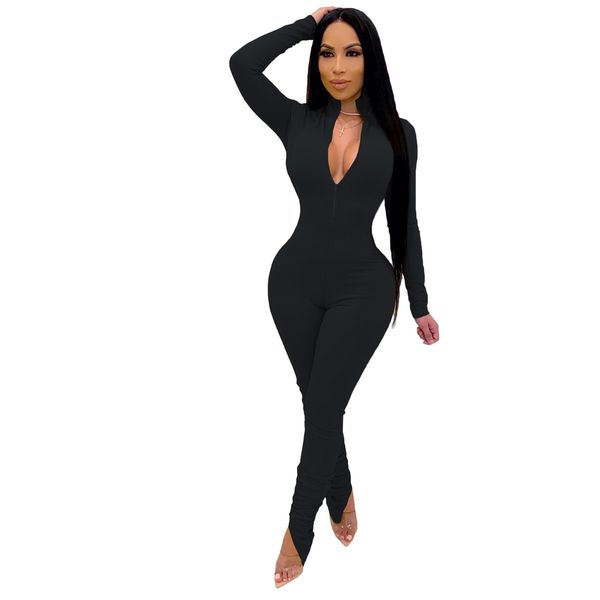 

2021 new womens slim fit zip neck sleeve nightclub rompers jumpsuits long pleated leggings fashion luc3, Black;white