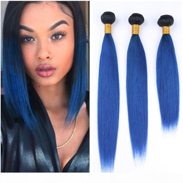 

silky straight malaysian human hair dark blue ombre weaves extensions 3pcs dark root 1b blue ombre virgin remy human hair bundles deals, Black