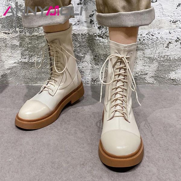 

annymoli мотоцикл сапоги женщина натуральной кожи ботильоны плоская платформа короткие узелок женская обувь осень зима beige 39, Black