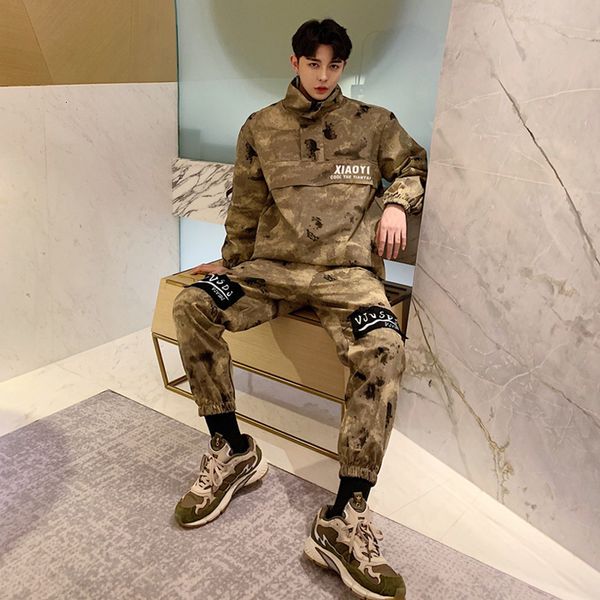 

2021 new conjunto roupas masculinas camufladas, vintage, de algodo, soltas, hip hop, streetwear, casaco + cala, masculina, ds50573 odtl, Gray