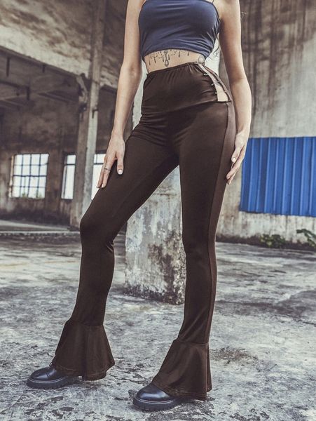 

pin detail ruffle hem leg pants b83x#, Black;white