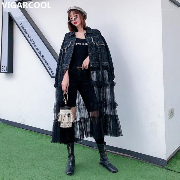 

women's jackets fashion large size tide brand 2021 spring printed denim stitching mesh gauze long knee jacket high waist lapel female1, Black;brown