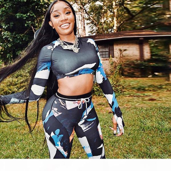 

women tracksuit geometric print pattern long sleeve high waist tight sports suit ladies outfits new 2020 autumn style, Gray