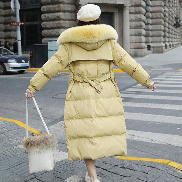 

women 2020 winter real fur collar white duck down coat female long down jacket slim hooded parkas ladies overcoat with belt p391, Black