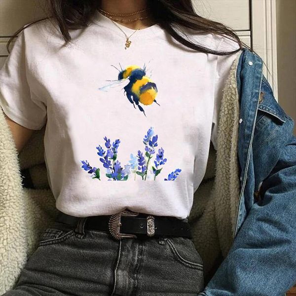 

women print graphic bee fashion trend watercolor 90s style printing clothes lady tees t shirt female womens t shirt, White
