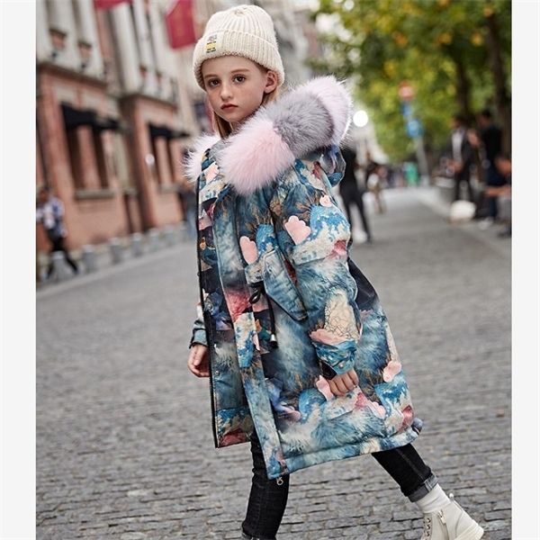 

winter children down coats thicker warm windproof hooded print outerwear real fur collar parka kids down jackets girls clothes 0930, Blue;gray