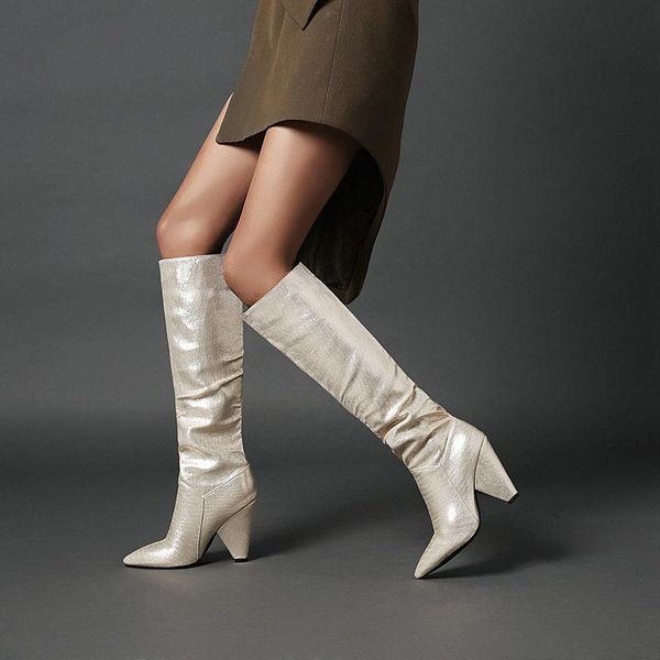

womens knee high boots high heeled pointed toe long boots black gold silver blue pink female autumn shoes woman
