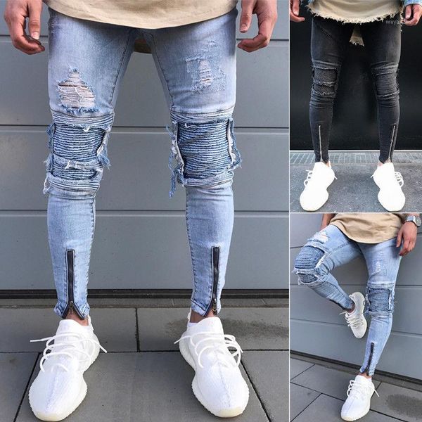 

new fashion men skinny ripped jeans denim pants slim fit holes zipper casual trousers men pencil jeans1, Blue