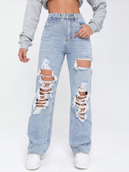 

light washed cut out ripped straight leg jeans d8i0#, Blue
