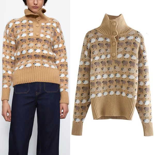 

2021 new animal jacquard women turtleneck autumn winter vintage knitted cropped long sleeve sweater pullovers chw2, White;black