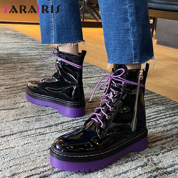 

sarairis new female 2020 cross tied boots ankle boots women round toe thick sole thick high heels zip motorcycle shoes woman, Black