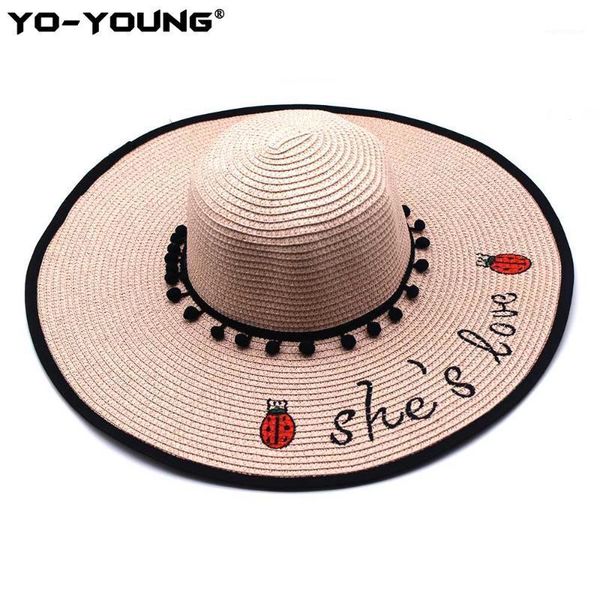 

Yo-Young Women Shade Sun Hats Beach Hats Casual Summer Ladies Hat Letters She is Love Embroidery Large Brim Straw Hat 56-58 cm1, Blue;gray