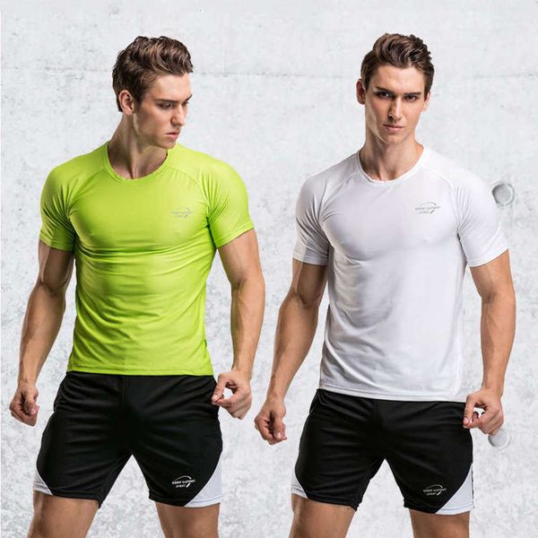 

fitness wear men's sports tights summer suit short sleeve quick drying gym running basketball two piece set m093, Gray