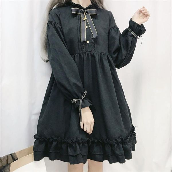 

japanese harajuku lolita dress soft sister retro black lantern sleeve ruffles dress sweet kawaii cute bow students chiffon1, Black;gray