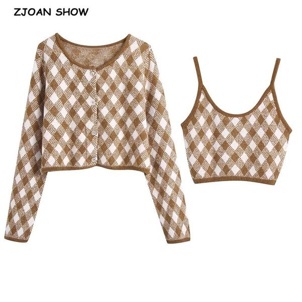 

1 set 2021 korea style vintage contrast color check plaid knitting crop cardigan single-breasted button tank sweater jumper, White