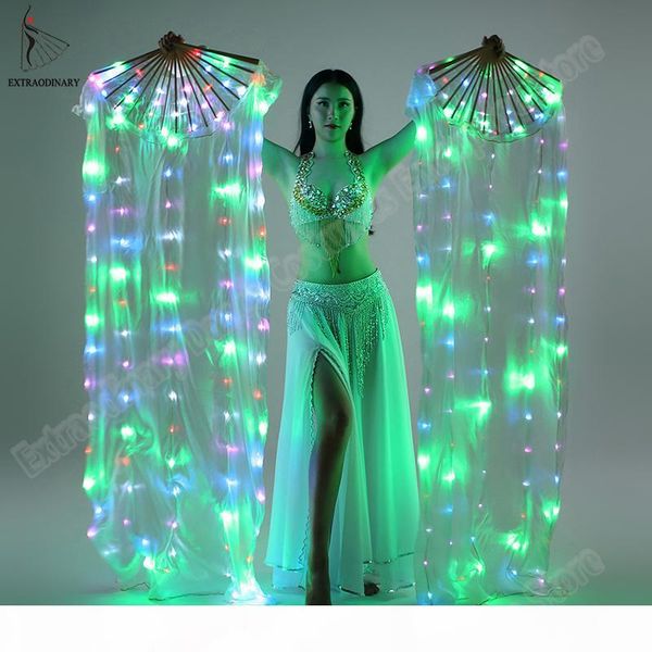 

new belly dance silk fan veil led fans light up shiny pleated carnival led fans stage performance props accessories costume, Black;red
