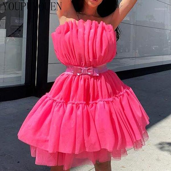 Sweet Tulle Mini Party Dress Summer Sexy Tube Short Backless Bow Tutu Night Club Mesh Abiti Donna Cute Clubwear senza spalline 20201