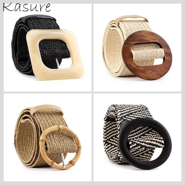 

kasure 2020 wooden buckle boho waist belt summer woven round smooth straw wide belts for women plastic pp casual waistband, Black;brown