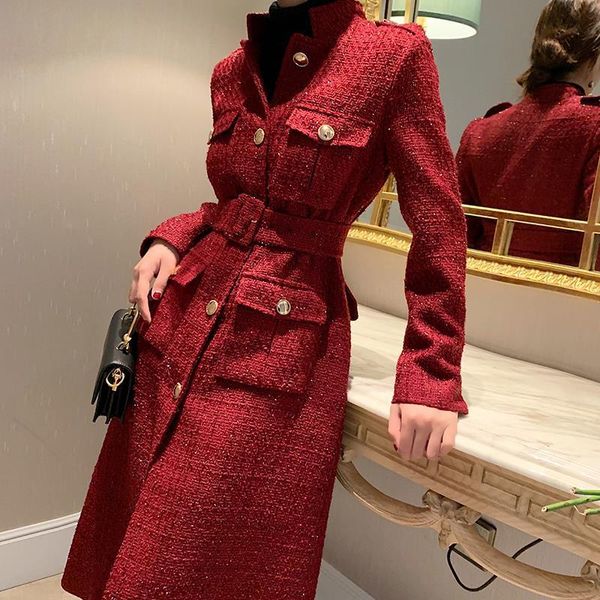 

women 2021 autumn winter new fashion tweed long outwears female single breasted coats with belt ladies slim woolen overcoat v267, Black