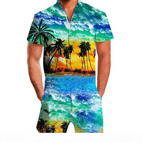 

leqemao men's casual romper floral print short sleeve jumpsuit beach overalls one piece slim clothing men's sets, Gray