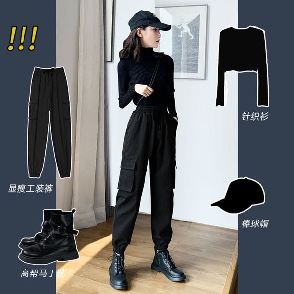 

plush thickened overalls women's high waist thin black trousers in autumn and winter, Black;white