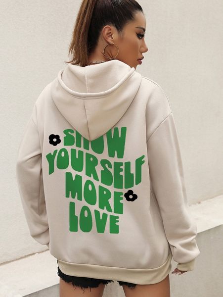 

slogan & floral print drop shoulder drawstring thermal hoodie o7lz#, White;black