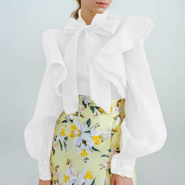 

#z30 women's blouse shirt elegant bow kont neck long sleeve female casual ruffle shirt solid color blusas plus size ol work, White
