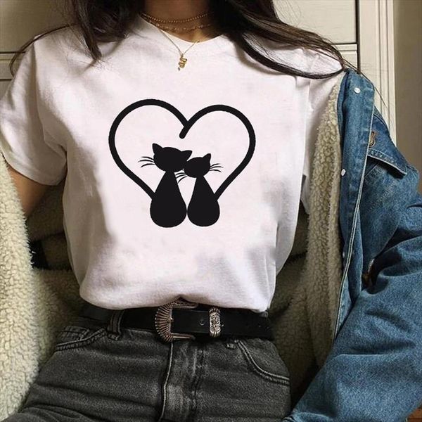 

women printing print graphic cat geometric love 90s fashion cartoon clothes lady tees female t shirt womens t shirt, White