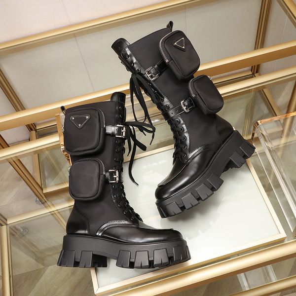

women designers booties monolith brushed rois leather and nylon boots luxury winter motorcycle boots ankle combat boot martin boots size 35-, Black