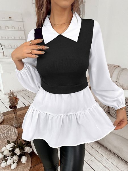 

colorblock ruffle hem bishop sleeve 2 in 1 blouse j2i5#, White