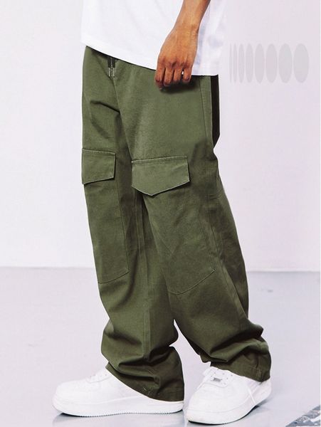 

men flap pocket front drawstring waist cargo pants 95jj#, Black