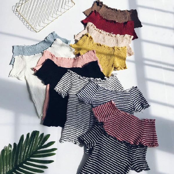 

2020 elegant women slash neck preppy mini shirt casual sweet lady short sleeve elastic high waist slim blouse crop tube top, White